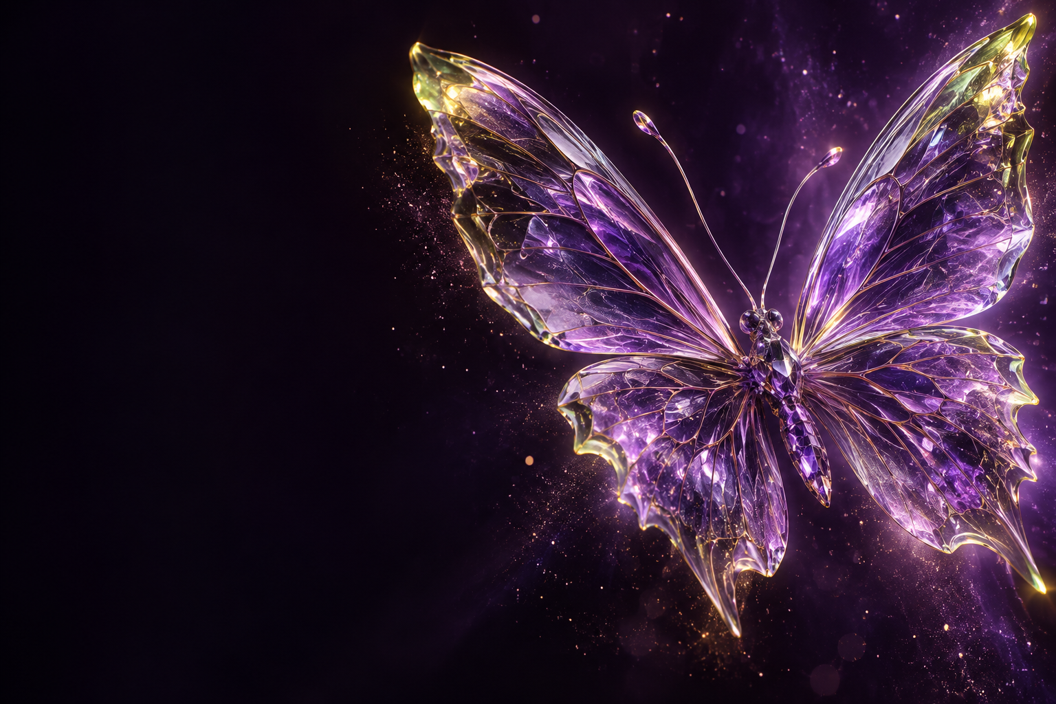 A purple crystal butterfly spreads its wings among the stars